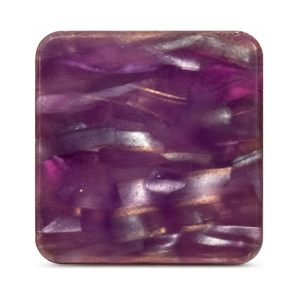 Orchard Mist cast acrylic sheet — shimmering ribbons of rich purple and lavender pearl woven with soft silver highlights