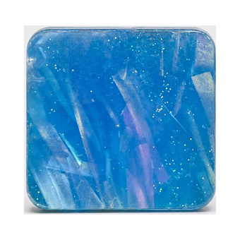 Blue Lagoon cast acrylic sheet — iridescent sky-blue pearl shards with subtle rainbow sparkle, like sunlight dancing