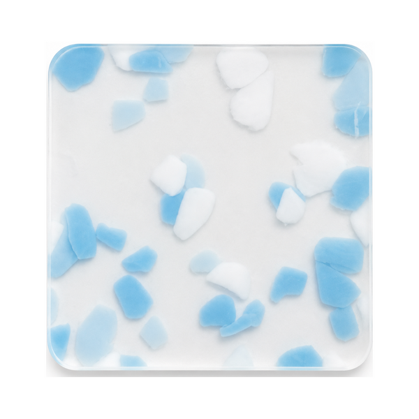 Frozen Confetti cast acrylic sheet — a frosted translucent base scattered with ice-blue and white confetti chips