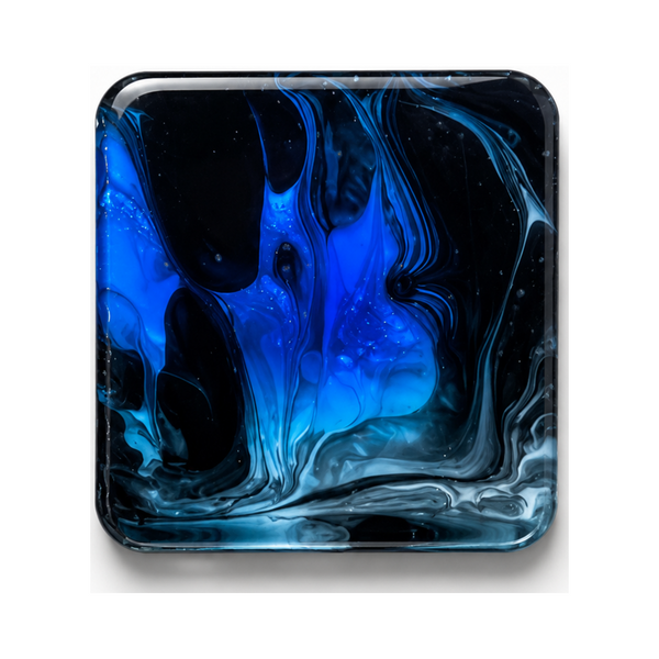 Midnight Tide cast acrylic sheet — electric blues surging through inky black in a dramatic marbled tide