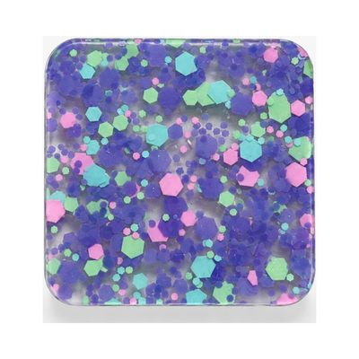 Galaxy Candy cast acrylic sheet — chunky mint, pink and violet hex glitter suspended over a dreamy purple base