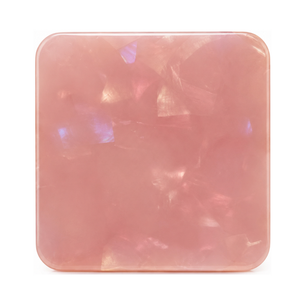 Pink Cashmere cast acrylic sheet — soft rose pink with a scattering of iridescent opal flakes
