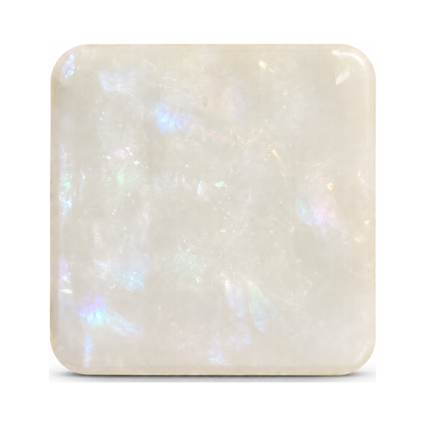 White Lychee cast acrylic sheet — soft pearl white with a scattering of iridescent opal flakes