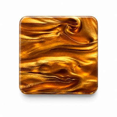 Amber Silk cast acrylic sheet — flowing amber and gold pearl swirls