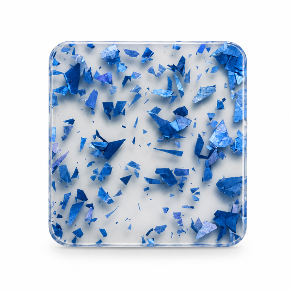 Blue Opalite cast acrylic sheet — iridescent blue foil flakes suspended in soft white